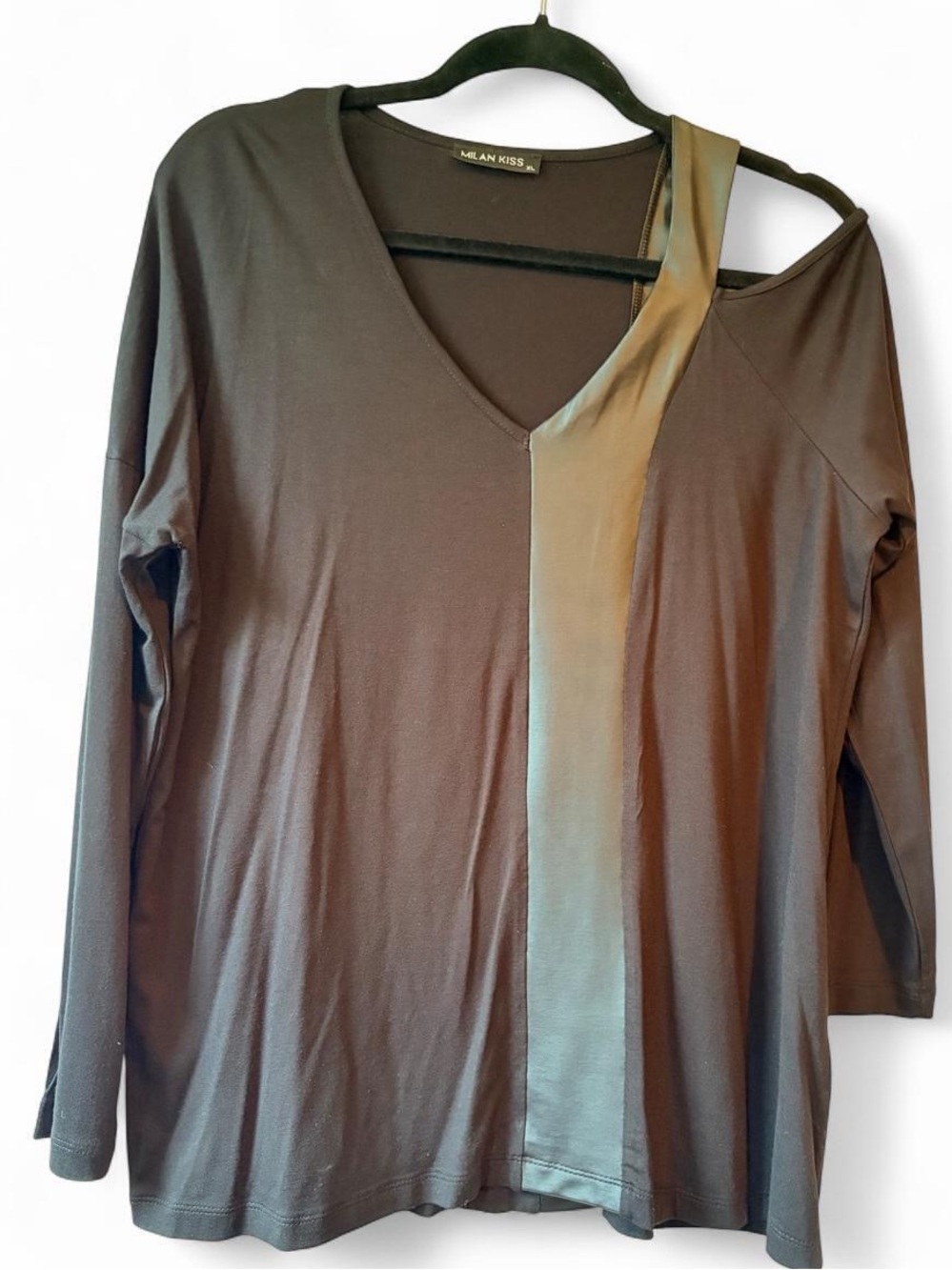 Women's Asymmetric Top in Black with Faux Leather Detail